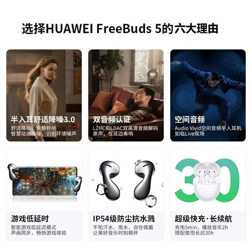 Huawei (HUAWEI) FreeBuds 5 True Wireless Bluetooth Headset Active Noise Cancellation Sports Music Game Running Half-In-Ear Extra Long Battery Suitable for Apple mate60pro Standard Edition White丨Music Card