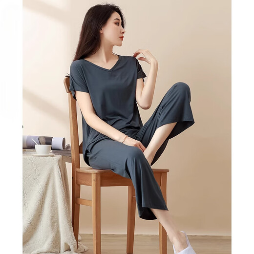 莫代尔睡衣女士夏季短袖九分裤薄款2025年新款家居服套装带胸垫可外穿 YM841灰色(带胸垫) XL