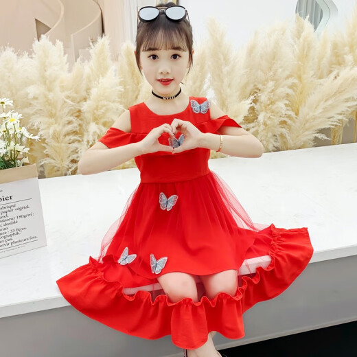 Bei Yichen children's clothing girls dress children's princess dress summer dress 2020 new medium and large children Korean style little girl summer dress red 140 size recommended height of about 140 cm