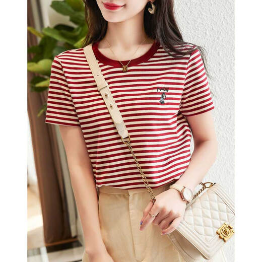 Demana (dme) design embroidered spring and summer new round neck striped micro-pearl mesh short-sleeved T-shirt tops for women Chinese red M