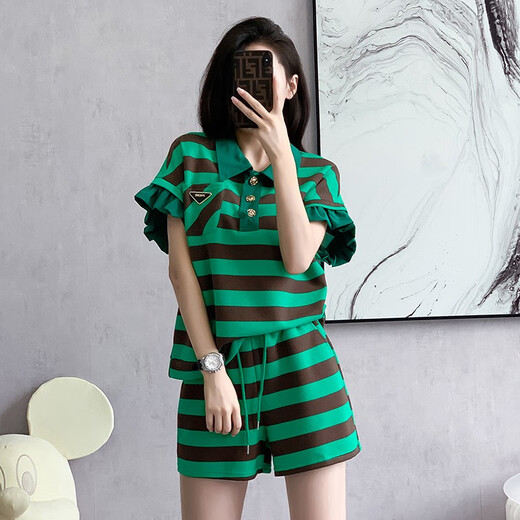 Yaoni dress new 2025 summer high-end fashion casual temperament polo collar knitted striped short-sleeved A-line skirt 9923 green and black suit L