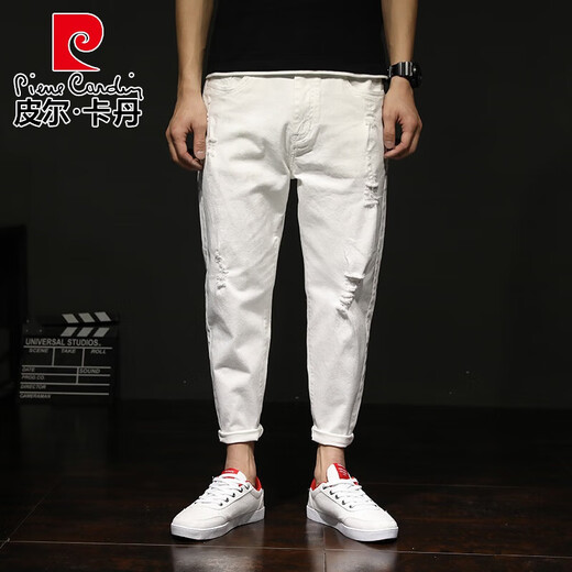 Pierre Cardin Spring Ripped Center Strick Jeans Herren Lose große weiße lässige Haremhose durcheinander trendige Füße weiß 29