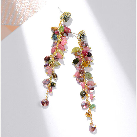 Luo Man Shi Tourmaline Crystal Earrings Women's S925 Silver Korean Long Tassel Bohemian Exaggerated Earrings No Ear Holes Ear Clip Style