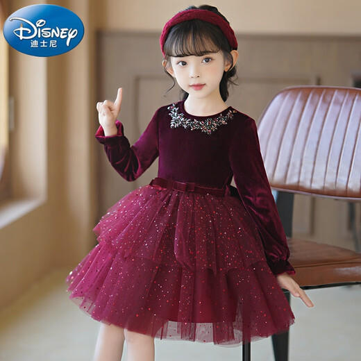 Disney girls dress children's autumn and winter gold velvet sequins burgundy puffy cake dress hosting performance princess dress burgundy 01 style 100 cm