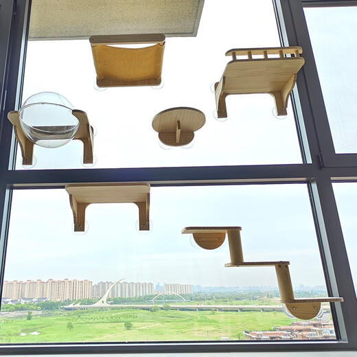 吸盘猫墙壁挂式免打孔玻璃猫爬架吊床实木猫窝豪华大型梯子太空舱猫抓板耐磨耐抓磨爪猫玩具上墙家具 小跳台