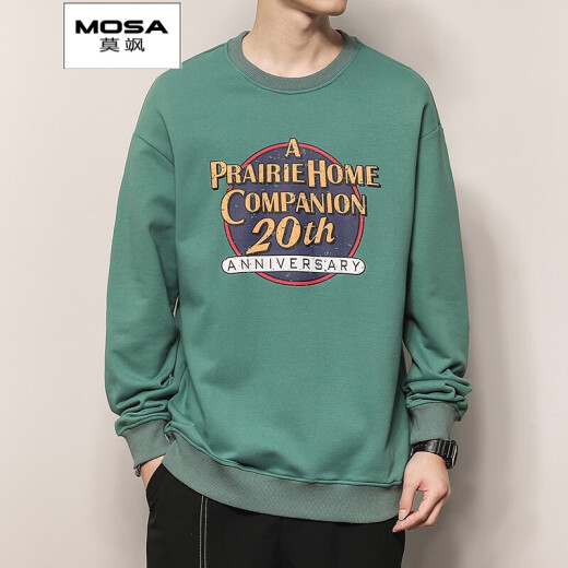 Mosa sweatshirt men's round neck pullover hoodie autumn and winter Korean version printed casual sports sweatshirt men's student couple style long-sleeved trendy letter loose large size trendy brand jacket 014 green M (recommended 90-110Jin [Jin equals 0.5 kg])