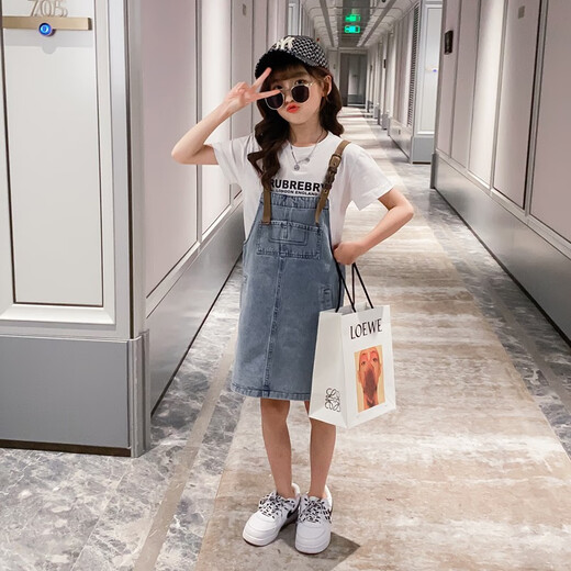 Little Gudu Bear Children's Clothing Girls Summer Dental Pants Skirt Set Short Sleeve T-shirt Children's Clothing Two-piece Girl's Dress White 120