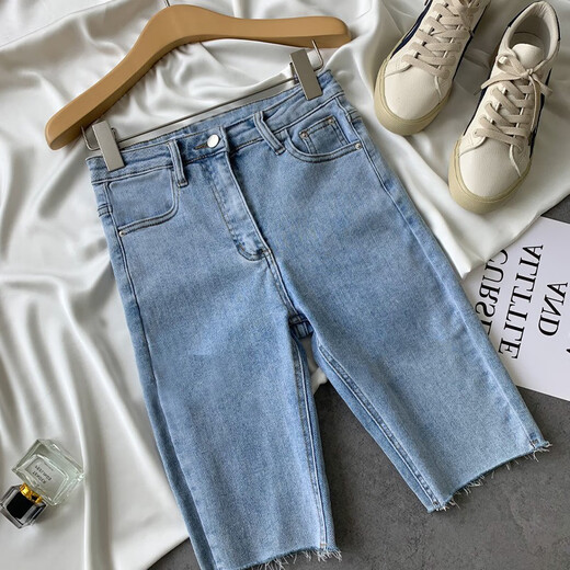 Danpan summer thin denim shorts women's slim ripped stretch mid-pants tight 5-point cycling denim shorts blue non-holes 4XL180-200Jin Jin equals 0.5 kg