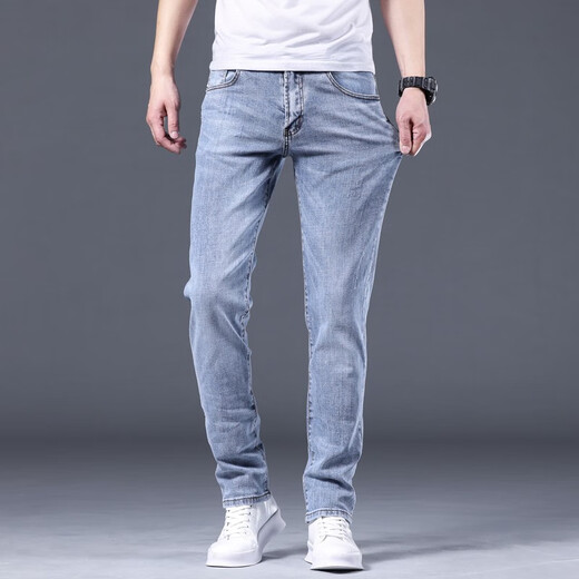皮尔卡丹（pierre cardin）牛仔裤男士春夏季薄款修身直筒弹力男装浅色休闲男裤百搭长裤子 1048浅蓝 34