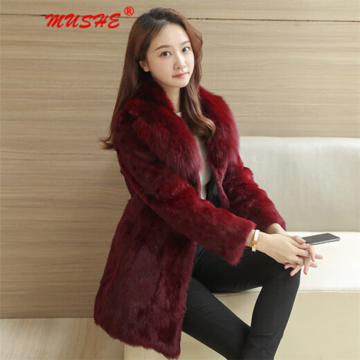 MUSHE Light Luxury Women's Fur Coat Women's Medium Long Large Size Rex Rabbit Fur One-piece Fox Fur Collar Coat Purple (Mid Long) L