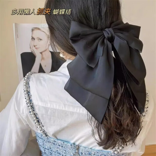 俏三岁大号蝴蝶结抓夹女后脑勺低马尾半扎发夹鲨鱼夹子在逃公主头饰发卡 黑色【多层蝴蝶结抓夹】