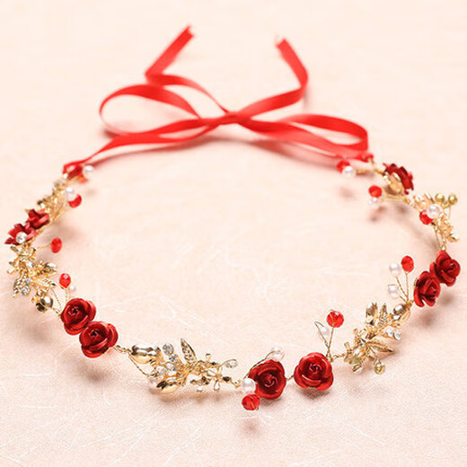 Bridal tiara, Korean style hairband, red hair accessories, fairy headband, toast dress, wedding accessories, rose tiara, headdress + earrings