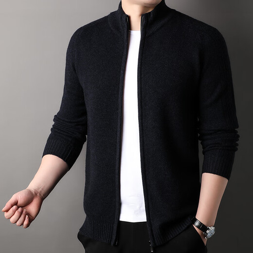 Hengyuanxiang 100% pure wool sweater men's autumn and winter zipper cardigan sweater thickened sweater jacket loose half turtleneck men's gray blue L 175/50/110