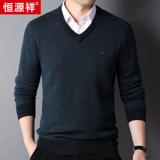 Hengyuanxiang 100% pure wool sweater men's V-neck thickened sweater sweetheart collar men's 15213601 blue black 180/96A