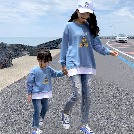 Parent-child wear sweatshirts for a family of three, mother and daughter, mother-child wear, 2020 new spring and autumn trendy Internet celebrity, stylish family portrait of four, bear blue [spring and autumn style] romper 59