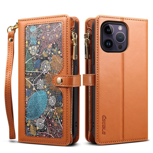 Jinhao es adecuado para iPhone16 PRO MAX HAND PANPANY Apple 15 Crossbody Willet 14 Caja de teléfono móvil con cremallera 13 Flip Hebilla magnética 12 Tarjeta Cubierta completa Case de protección anti-caza Flip Tarjeta de cremallera marrón (brazalete + correa para el hombro) Apple 15 MAX MAX