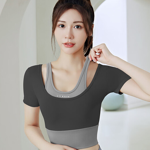 Dongwangrui Women's Yoga Suit Top Running Fitness Pilates Training Clothes Yoga Pants Quick-Drying with Chest Pad Short Sleeves + Long Pants Star Black XL 115-125