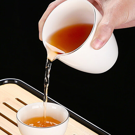 Jingci Zhai Dehua white porcelain mutton-fat jade Kung Fu tea set for home living room making tea in the office simple tea cup gold-painted-Xi Shi pot set (cup with words) 14 pieces