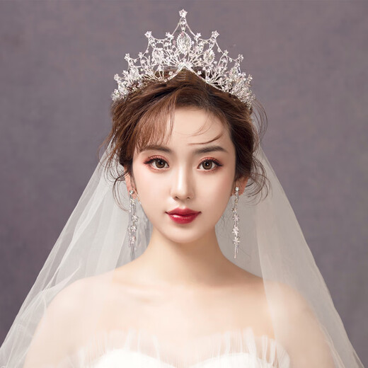 Crown tiara crown tiara bride wedding dress crown birthday Xiuhe Korean style wedding for girls and children SN1312 silver single crown + veil