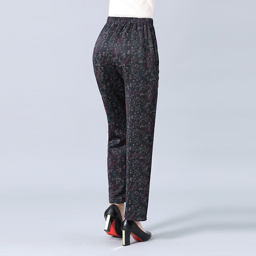 Wanhe winter clothing for middle-aged and elderly people, cotton pants, women's pants, mother's pants, winter thickened outer wear, loose plus velvet elastic waist, 60-year-old 70-year-old lady, winter high-waist print, black flower 3XL