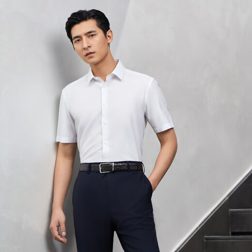 雅戈尔（YOUNGOR）短袖衬衫男白色隐条纹免烫衬衫全棉面料舒适抗皱易打理商场同款 白色YSTP180505BBA 39