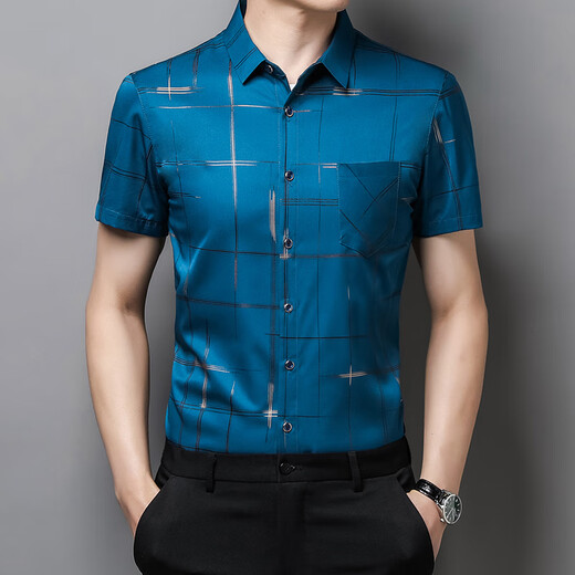 Camisa de seda de hielo para hombres de Romon Vestido de novia de verano de manga corta Feliz suegro Padre de mediana edad Banquete de boda de verano Camisa roja D2177 Baolan 165 m