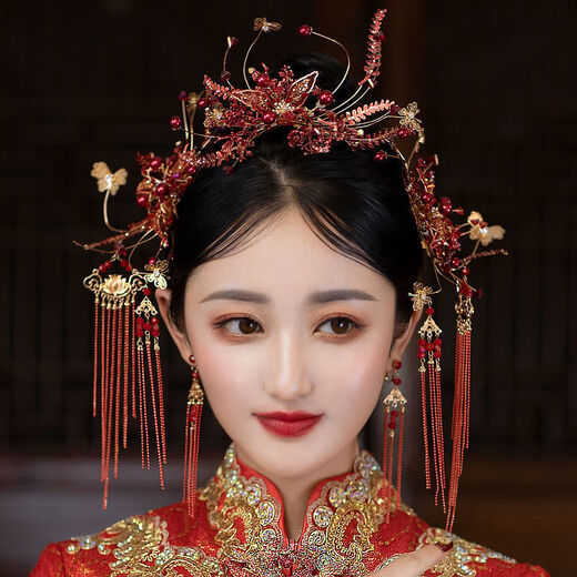 Lingchuan Xiuhe bridal headdress Chinese style wedding simple and elegant Xiuhe step shaking tassel wedding hair accessories ancient costume phoenix crown girl 18365 full set + bracelet ear hook style