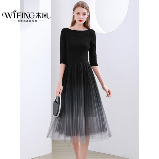 Wei Feng Dress Knitted Women's 2022 Autumn and Winter New Mesh Slim Winter Bottoming High-end Temperament Skirt Black - Mid-Sleeve (Spring and Summer) L