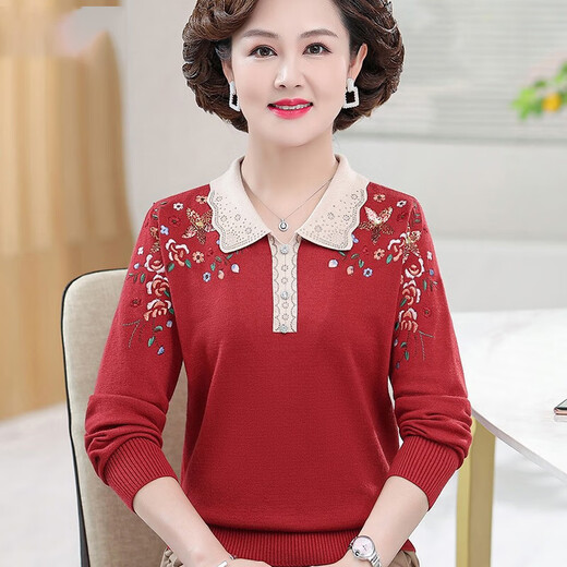 俞兆林中年妈妈装秋装长袖针织小衫绣花上衣新款中老年女装洋气打底衫女 FXQYT695 雾霾蓝(+黑色三角裤) XL (建议110-120斤)