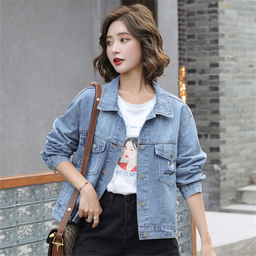 HMDIME Daisy Denim Jacket Women's 2022 Autumn Women's Korean Style Loose Student Top Single-Breasted Casual Jacket Trendy FFNH8572 Light Blue M