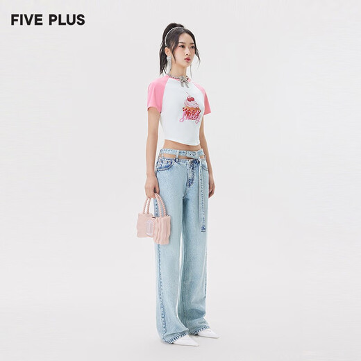 FIVE PLUS wide-leg jeans for women in summer new women's clothing design loose wash straight long pants mall same style light blue 690 M