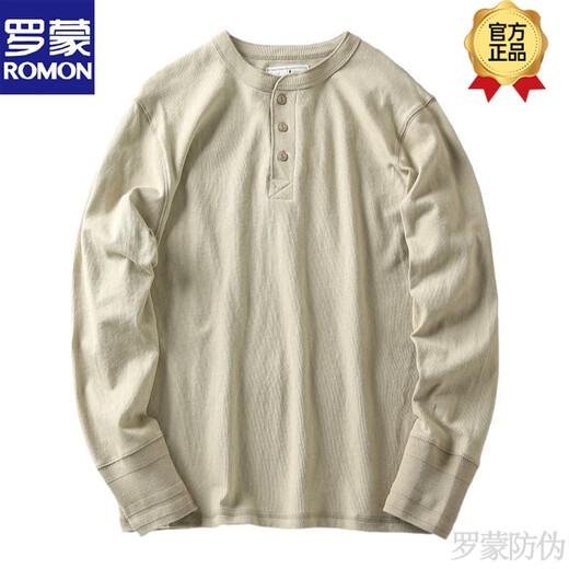 ROMON Spring and Autumn New American Casual Henley Shirt Men's Retro Simple Versatile Solid Color Daily Long Sleeve T-shirt Basement Gray L