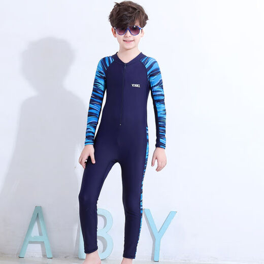 Professional training one-piece long-sleeved long-pants swimsuit for boys and girls, quick-drying children's swimwear for middle school students, junior high school students, children's swimwear, boys' dark blue striped XXXL (recommended weight 75-90Jin [Jin equals 0.5 kg])