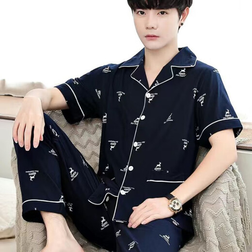 Pretty Ya (Qiaoliya) Pure Cotton Herren-Sommerpyjamas kurzärmeliger Anzug Dünne Sommerhosen Männer mittleren und älteren Frühlings- und Herbststilen Home 698 3xl (Empfohlen 180-200 Jin [Jin gleich 0,5 kg]))