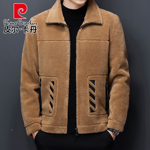 Pierre Cardin brand high-end men's winter grain sheep shear men's fur one-piece lamb wool lapel youth trend fashion fur short coat knitted blue default 1