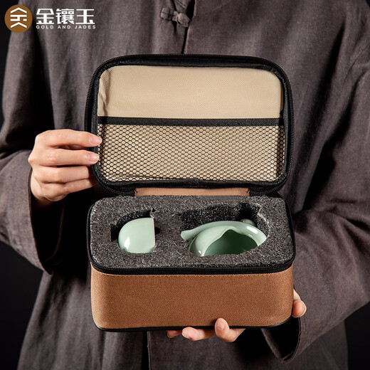Gold inlaid jade Kung Fu travel tea set teapot, quick cup, elegant cup lid, bowl, Ru kiln, Xianglong quick cup