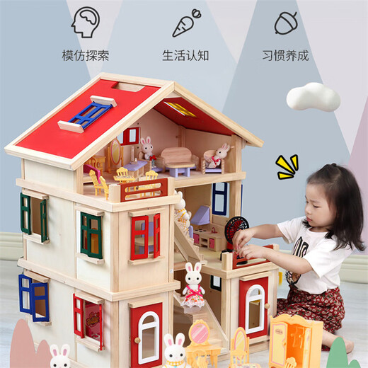 Yunya Children's House Kitchen Doll House en bois Villa Boy and Girl Princess Simulation Modèle de la journée pour enfants Cadeau à trois étages Villa + 19 pièces de meubles + Famille de lapin