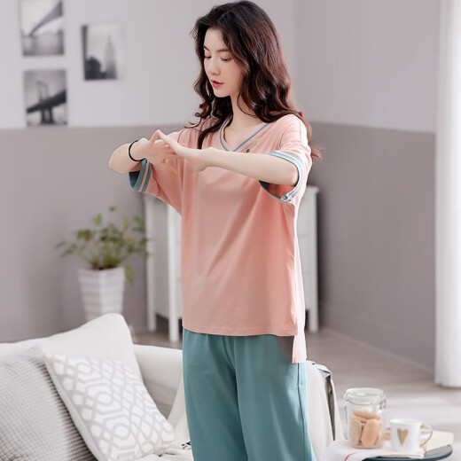 
Youtingfei pajamas for women in summer pure cotton thin short-sleeved trousers round neck pullover ladies pajamas for outdoor home clothing set YD7371 L
