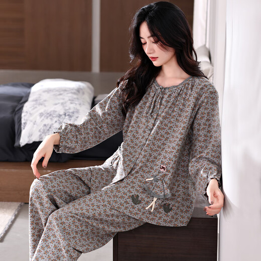 Banxinles neuer Pyjamas-Frauen Herbst Langarmed Pure Cotton Home Clothes Frühling und Herbst Lose Lose großer Mutter mit mittlerem Alter mit Blumen-Set XRC-1517# Frauen M/160