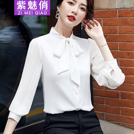 Purple Charming Shirt Women's Long Sleeve Business Shirt Spring and Autumn Korean Fashion Elegant Casual Work Wear Top (Off Shelf) White L