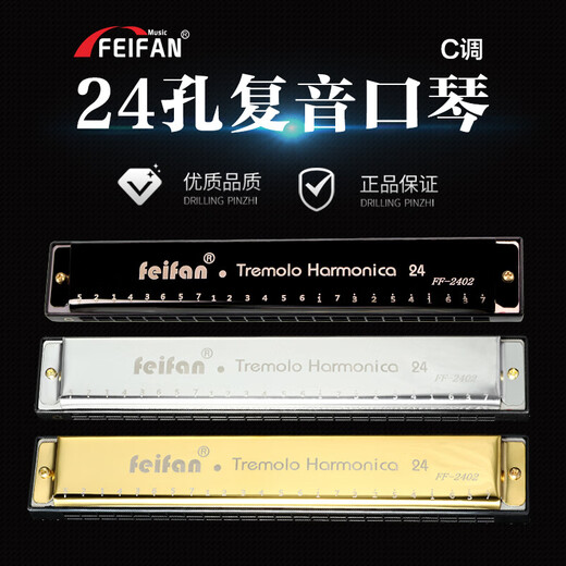 FEIFAN24孔金属c调复音口琴儿童口琴学生初学者成人乐器 黑色