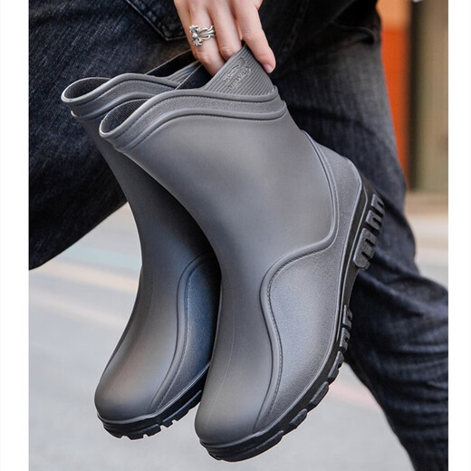 Xili rain boots men's mid-calf fashionable Korean style adult plus velvet warm kitchen shoes non-slip wear-resistant outdoor fishing car wash takeaway rain boots construction site waterproof rubber shoes overshoes winter gray surface black bottom 42 plus velvet please order one size larger