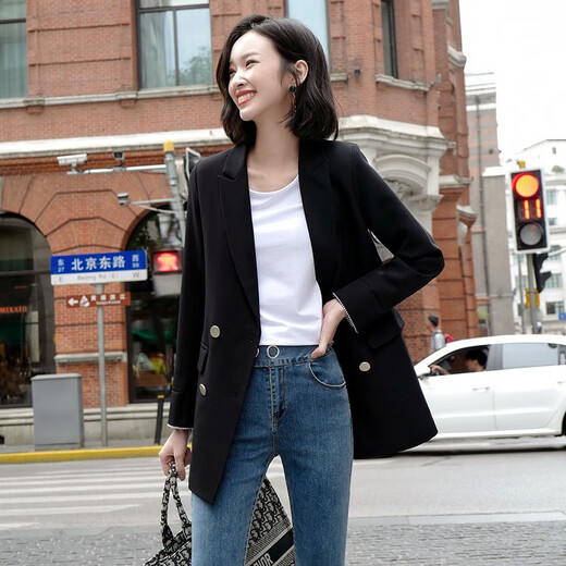 
Troman suit jacket for women mid-length versatile British style spring wear 2022 spring and autumn double-breasted casual commuter women's small suit top SY687 black L