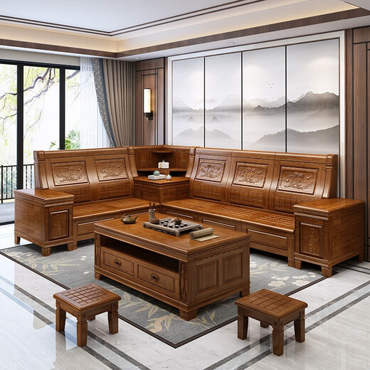 Xiaomuwo (XIAOMUWO) sofa camphor wood solid wood sofa corner with storage function Chinese style carved imitation classical sofa living room independent four seats (including cushions)