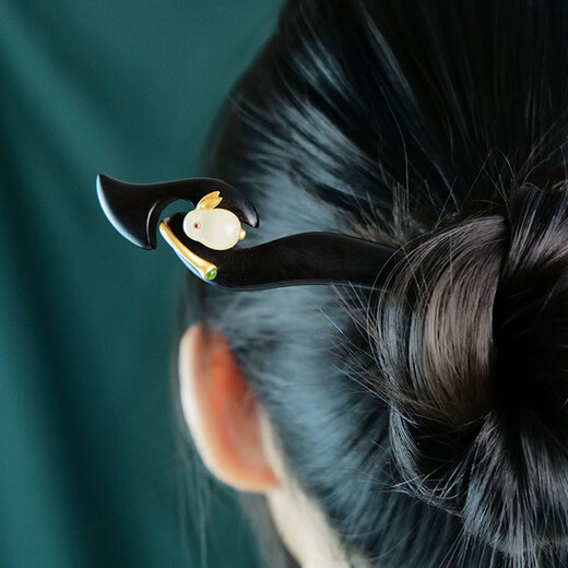AIF Black Sandalwood Hetian Jade Rabbit Hairpin Women's Ancient Style Hairpin Hair Accessory Valentine's Day Birthday Gift for Girlfriend and Wife Black Sandalwood Jade Rabbit Hairpin