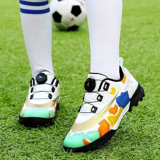 Feelaces Children's Rotary Button Schnürfußballschuhe Trainingschuhe TF gebrochene Nägel Jungen und Mädchen Mittelschüler Künstliche Gras-Sneaker 9893 Weiß 30