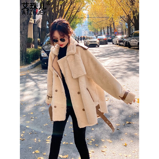 艾珠儿羊羔毛外套女冬季新款韩版宽松加厚皮毛一体羊羔绒短款机车大衣女 米色 S