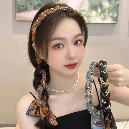 Suyi embroidery retro chain headband streamer headband one-piece satin fabric headdress temperament non-slip hair accessories blue streamer headband
