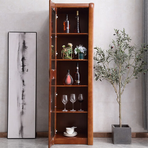 Chen Fei Furniture Chinese solid wood wine cabinet TV cabinet side cabinet single door narrow cabinet multi-functional glass small apartment living room storage cabinet walnut color
