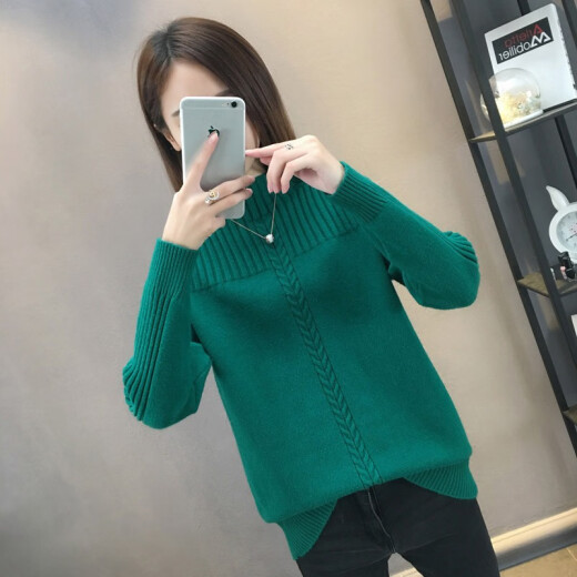 Shang Beishan Knitted Sweater Women's 2020 New Early Autumn and Winter Fashion Bottoming Sweater Long Sleeve Half Turtleneck Sweater Women's Thickened Warm Pullover Short Loose Korean Style Clothes S19 Green One Size